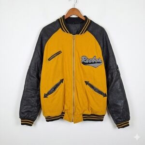 Vintage 80s Reebok Tennis Open Varsity Leather Sleeves Wool Yellow Jacket
